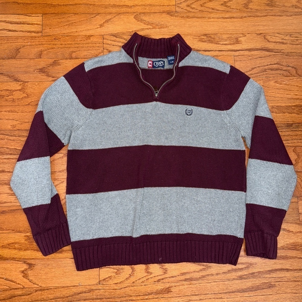 Vintage 90s Y2K Chaps by Ralph Lauren Gray Burgundy Striped Knit Sweater Large - Picture 1 of 4